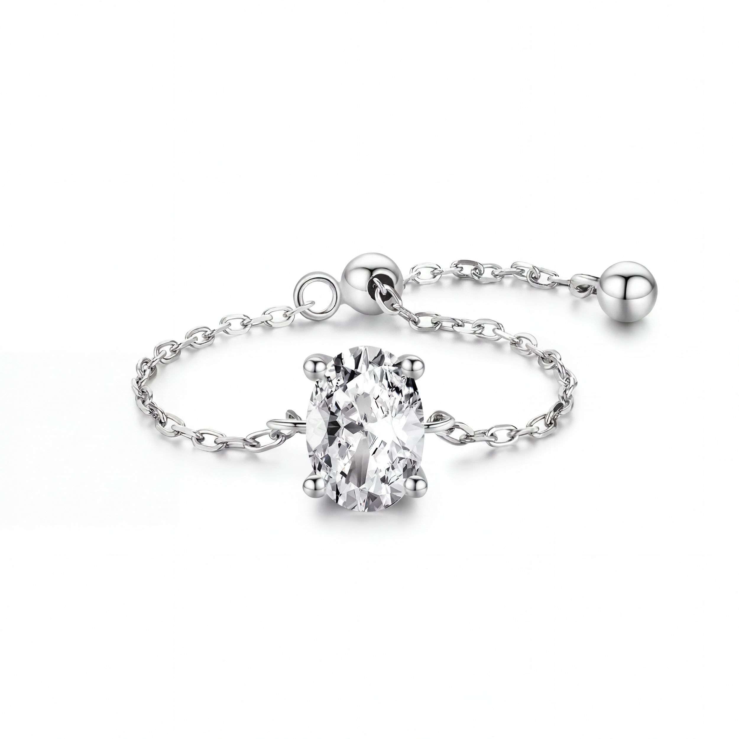 LAURRÈ 925 sterling silver adjustable chain ring with oval cut cubic zirconia