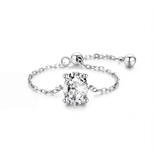 LAURRÈ 925 sterling silver adjustable chain ring with oval cut cubic zirconia