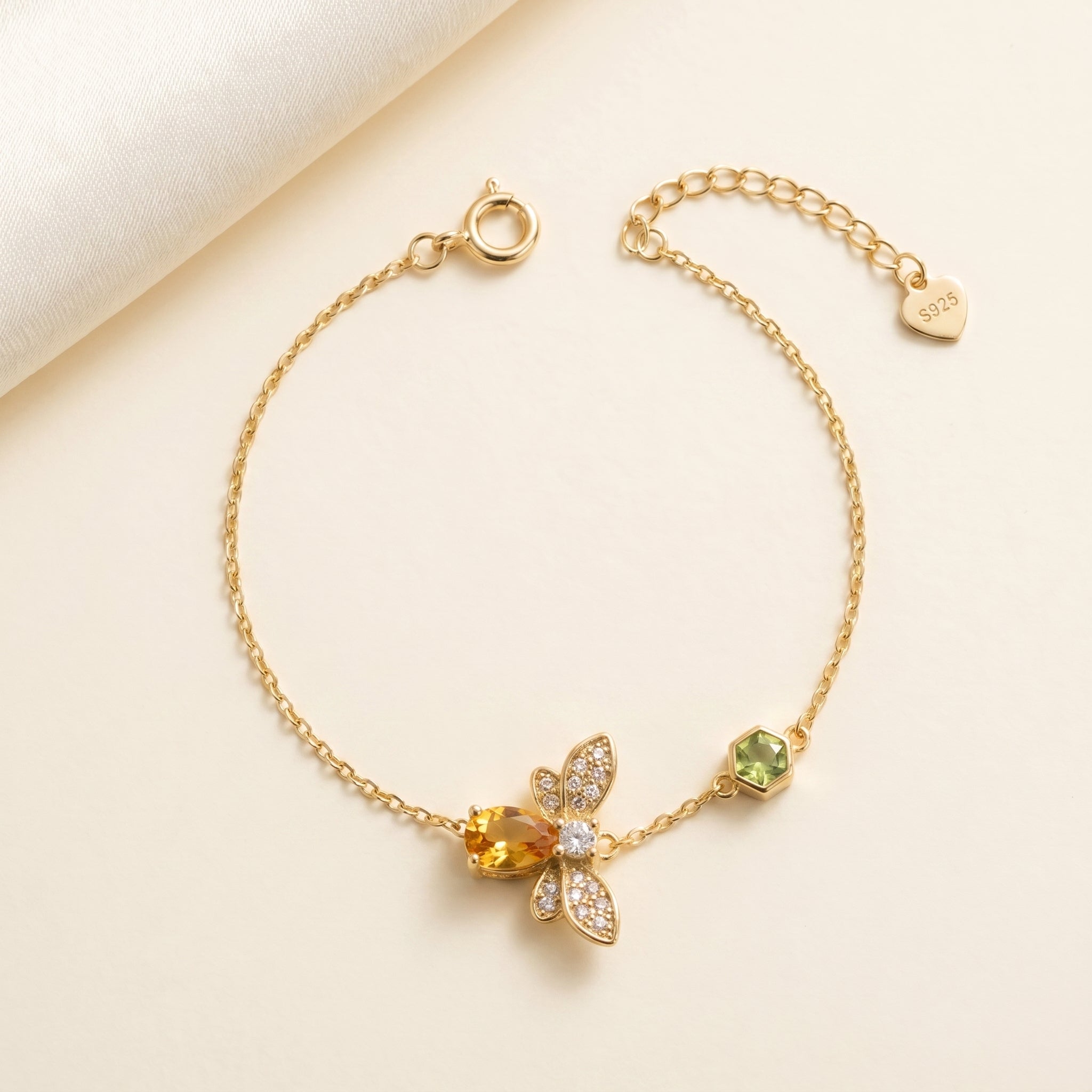 Adjustable Gold Plated 925 Sterling Silver Bee Bracelet with Natural Citrine Gemstone and Extension Chain