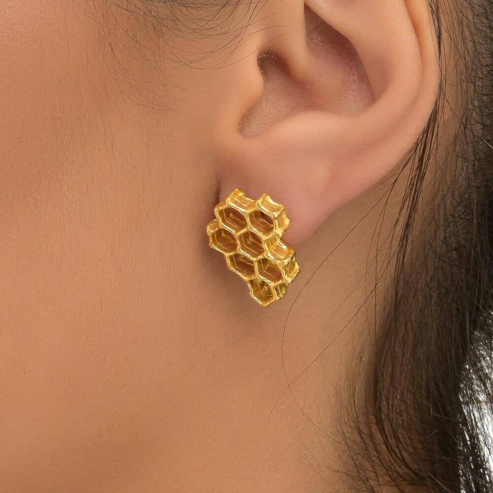 Honeycomb Gold Earrings, Handmade Minimalist Jewelry, Organic Nature Earrings, Gift for Memory & Love, 14K Gold Plated Brass-0