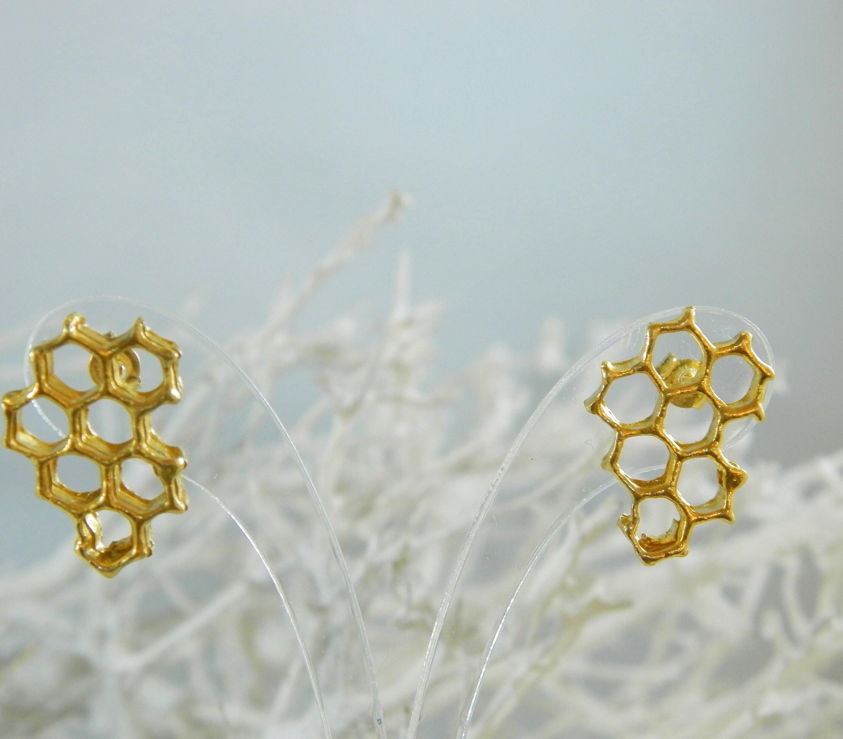 Honeycomb Gold Earrings, Handmade Minimalist Jewelry, Organic Nature Earrings, Gift for Memory & Love, 14K Gold Plated Brass-1