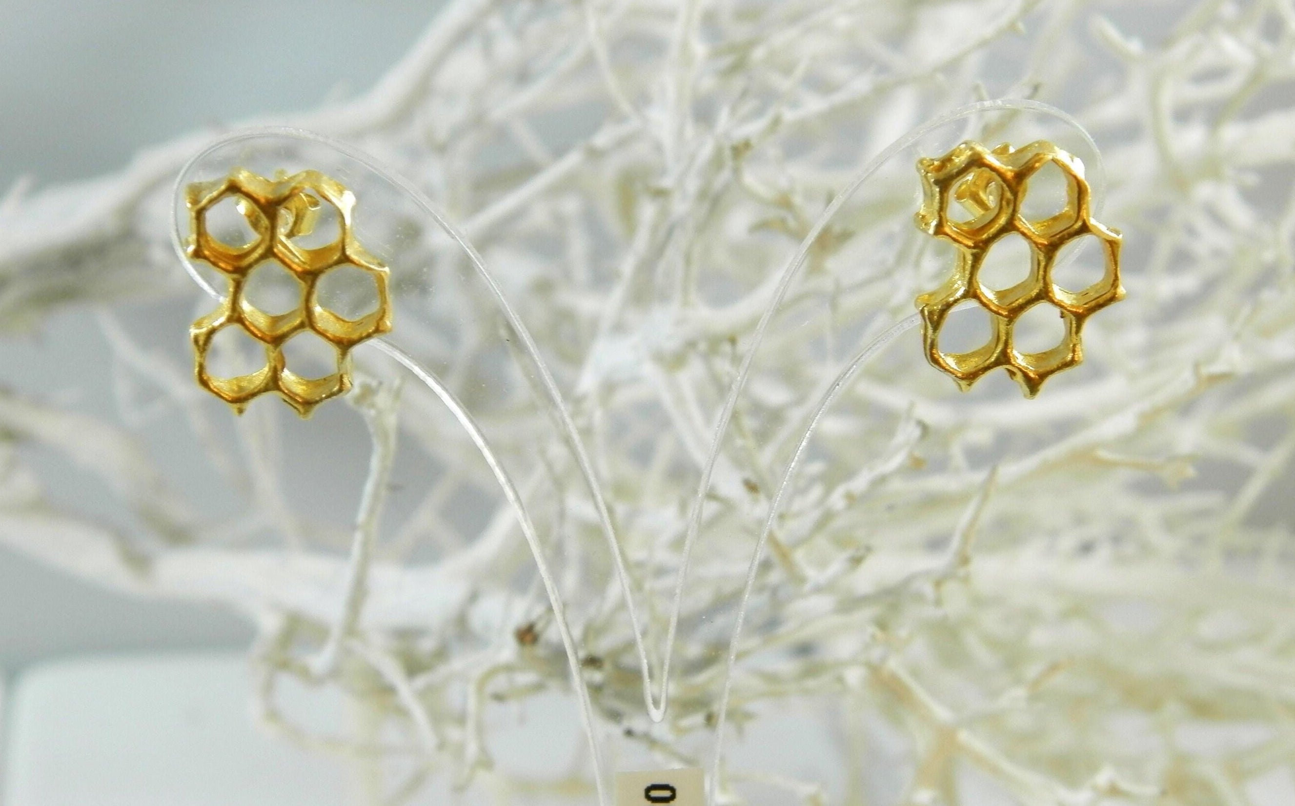 Honeycomb Gold Earrings, Handmade Minimalist Jewelry, Organic Nature Earrings, Gift for Memory & Love, 14K Gold Plated Brass-2