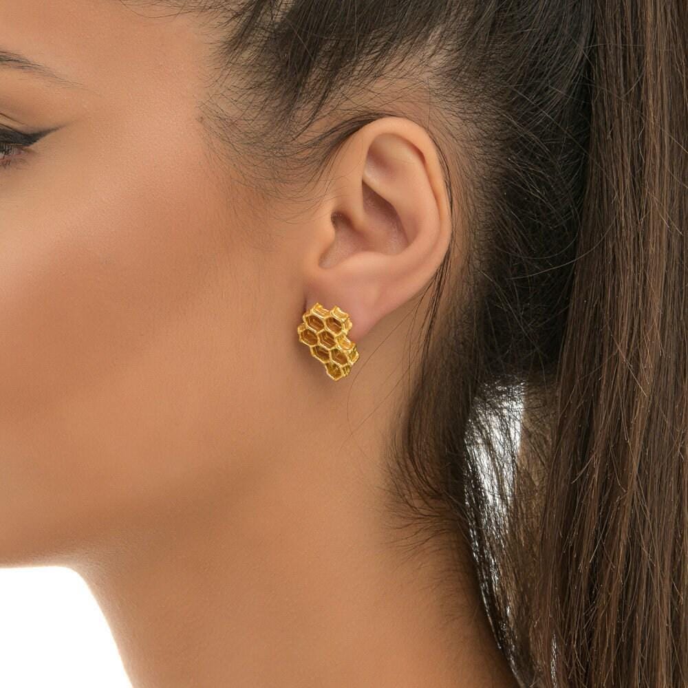 Honeycomb Gold Earrings, Handmade Minimalist Jewelry, Organic Nature Earrings, Gift for Memory & Love, 14K Gold Plated Brass-3