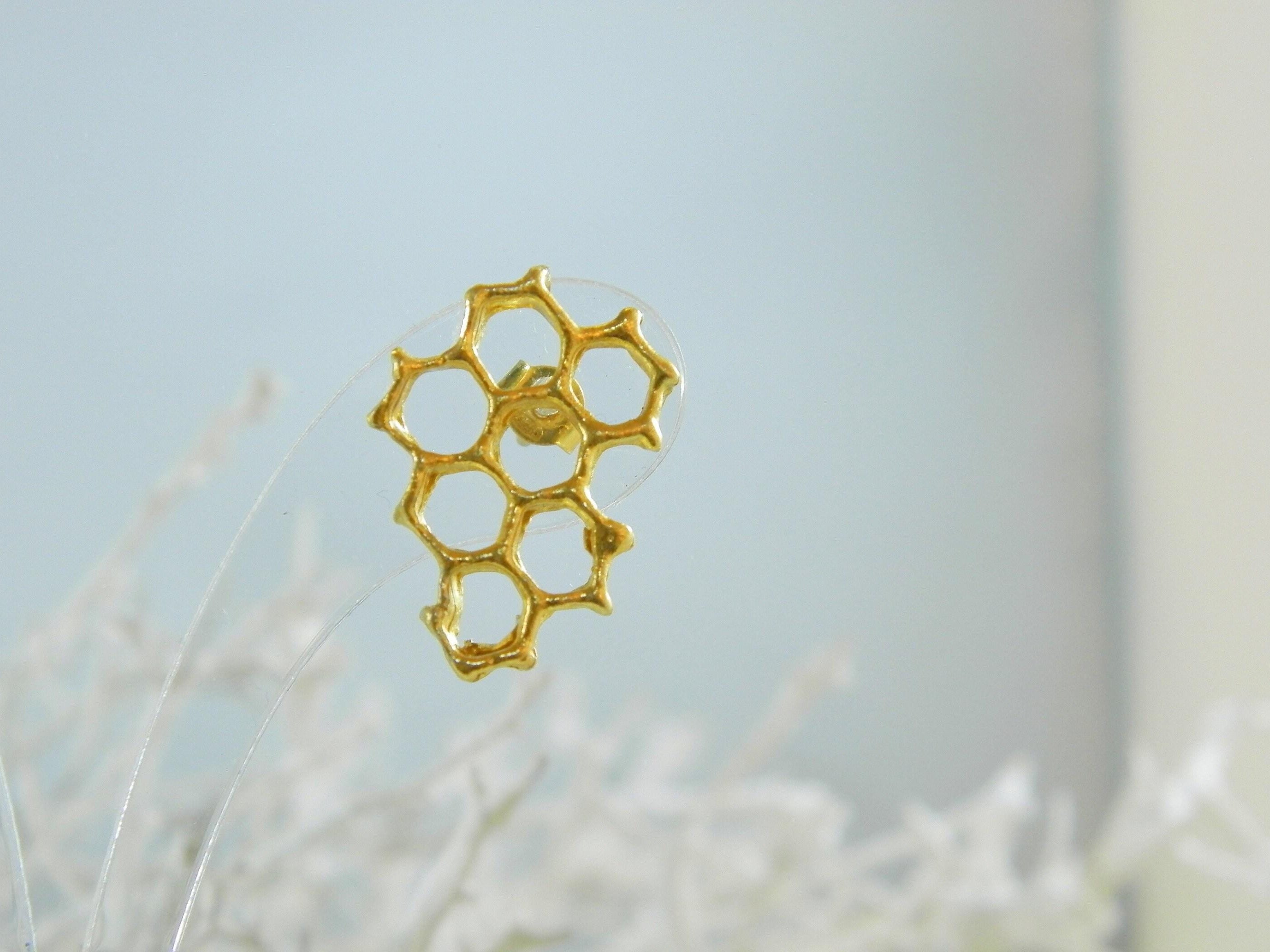 Honeycomb Gold Earrings, Handmade Minimalist Jewelry, Organic Nature Earrings, Gift for Memory & Love, 14K Gold Plated Brass-4