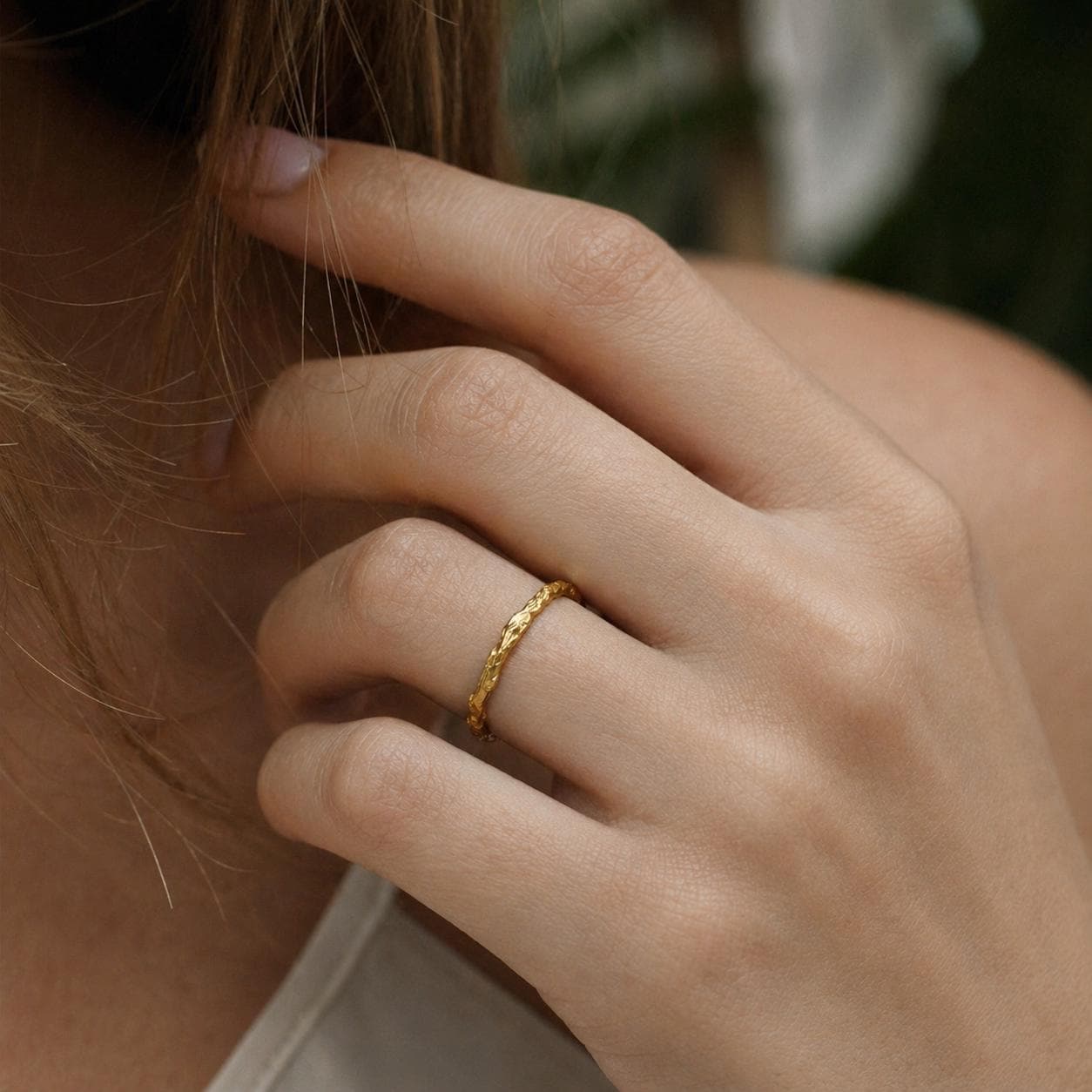Dainty Juniper Gold Ring, Handmade Minimalist Jewelry, Organic Forest Band, Nature's Gift for Health & Resilience, Sterling Silver 925-0